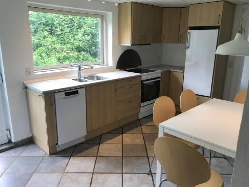 uma cozinha com um lavatório, um frigorífico e uma mesa em Sommerhus på Mors em Øster Assels