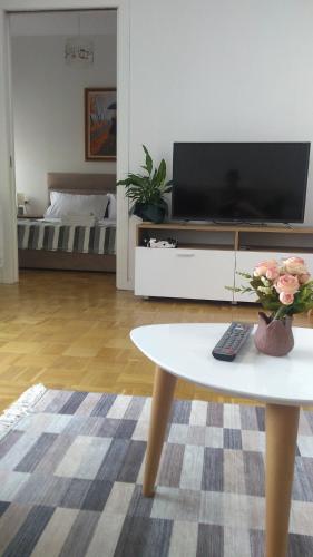 ein Wohnzimmer mit einem TV und einem Couchtisch in der Unterkunft City Center Cute and Comfy Apartment - Ajia Apartments in Tirana