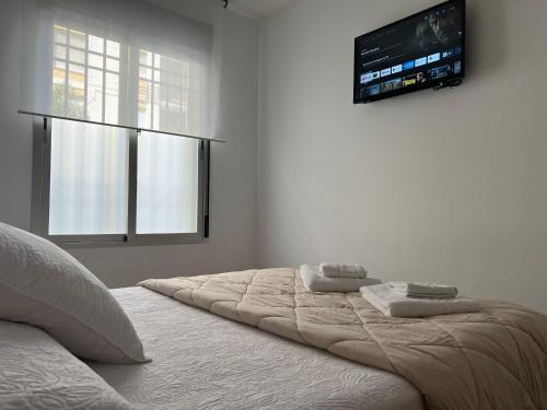 a bedroom with a bed with a television on the wall at Apartamento La Mezquita-Catedral in Córdoba