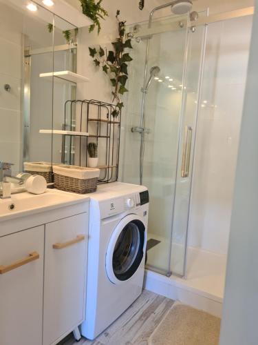eine Waschmaschine in einem Badezimmer mit Dusche in der Unterkunft L'imperator in Saint-Mamet