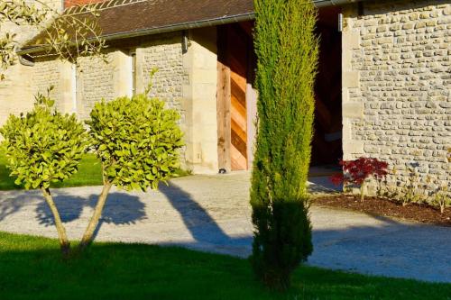 two trees in the grass in front of a building at L'Ecurie Gourmande in Thaon