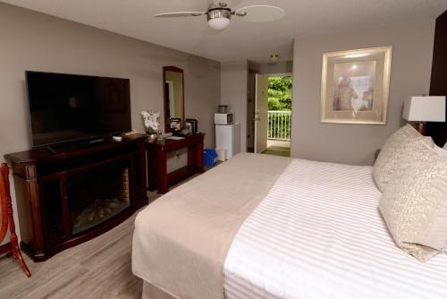 a bedroom with a bed with a fireplace and a television at Casa Grande Inn in Qualicum Beach