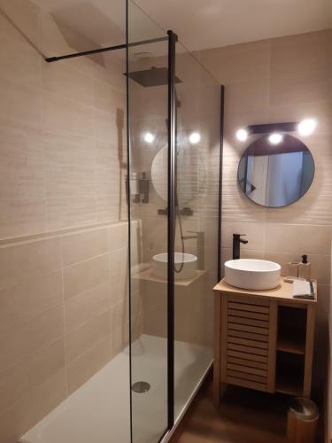 y baño con ducha acristalada y lavamanos. en Au Charme de l'Eure en Villiers-le-Morhier