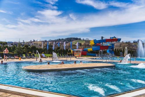 a pool with a water park with a water slide at Termy Szaflary in Szaflary
