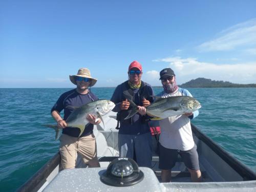 a group of three men holding fish on a boat at Casa Chilamates 2.0 in Tortuguero