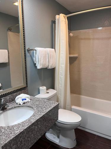 a bathroom with a sink and a toilet and a bath tub at Surf City Inn & Suites in Santa Cruz