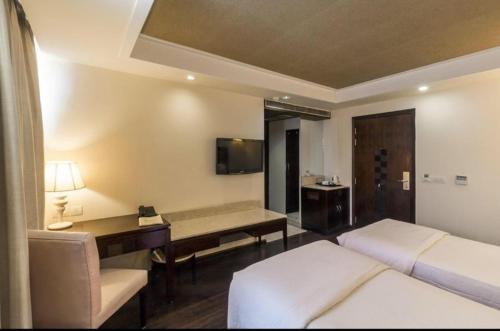 um quarto de hotel com duas camas e uma secretária e uma televisão em Madhuban Hotel , New delhi em Nova Deli