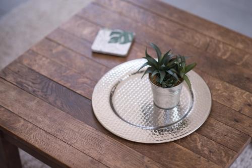 a table with a plate with a potted plant on it at Ferienwohnung Schwalbennest in Weinsheim