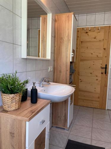 a bathroom with a sink and a wooden door at Heissgut in Altenmarkt im Pongau