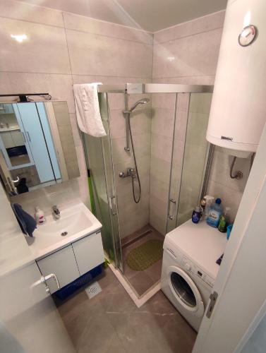 un bagno con doccia, WC e lavandino di Apartment Sunce a Trebinje