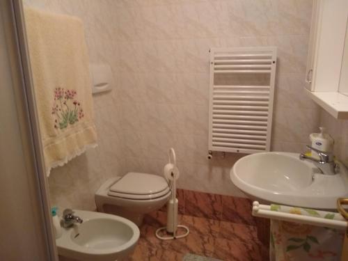 a small bathroom with a toilet and a sink at Campitello House in Campitello di Fassa