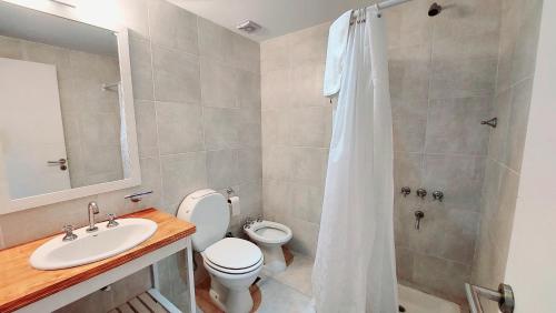 een badkamer met een toilet, een wastafel en een douche bij Agua 22 in Mar de las Pampas