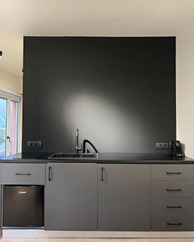a kitchen with a sink and a black wall at Nidus President in Souda
