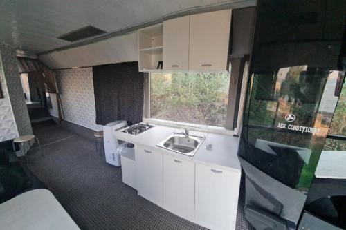 uma cozinha com um lavatório e uma janela em CASE MOBILE (CASE IN NATURA) em Eforie Sud