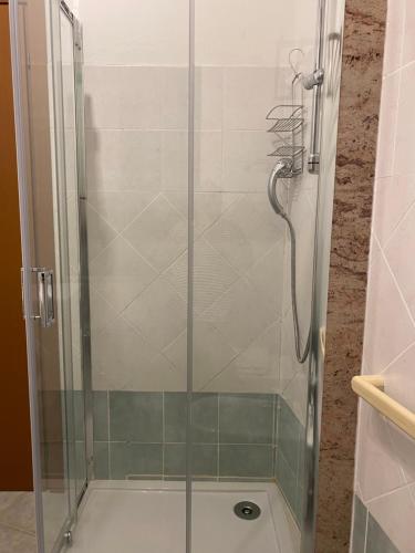 y baño con ducha y puerta de cristal. en Appartamenti Saverio, en Posada