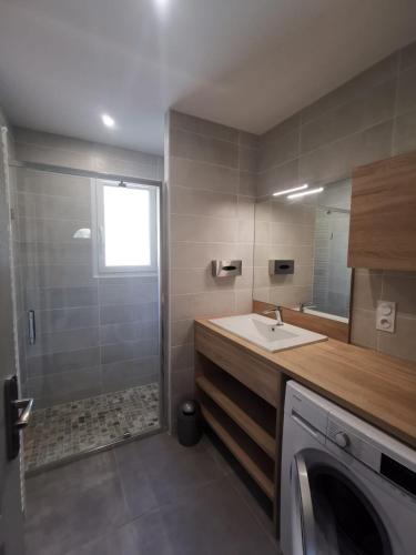 une salle de bain avec un lavabo et une machine à laver dans l'établissement Maison L'Inattendu avec spa & piscine privatifs, à Moussan