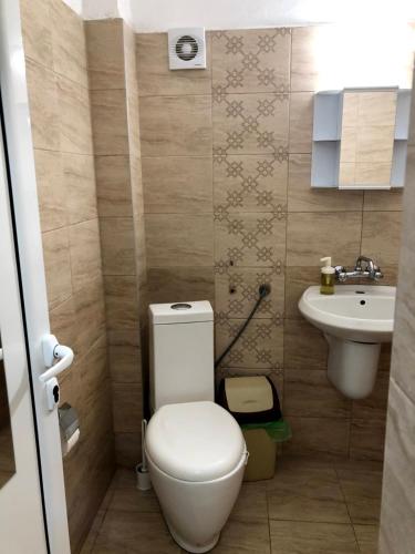 a small bathroom with a toilet and a sink at Studio N in Primorsko