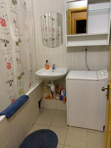 une salle de bain avec un lavabo et un rideau de douche dans l'établissement Квартира в центрі в новобудові Набережний квартал, à Rivne