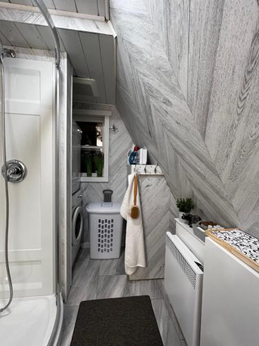 a bathroom with a shower and a tub and a sink at Serendib by St Peters Bay in Saint Peters