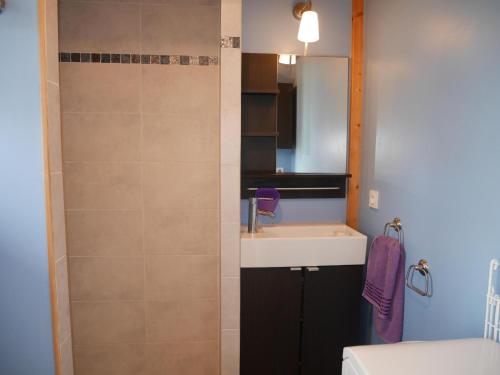 une salle de bain avec un lavabo et une douche dans l'établissement Wooden House in Brittany near Sandy Beach, à Landéda