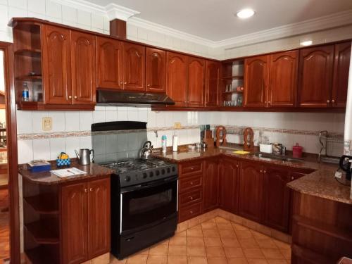 cocina con armarios de madera y horno con fogones en Casa La Linda de la Virrey en Salta