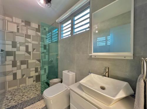 a bathroom with a white toilet and a sink at Sunset Coast Loft & Rooftop in Aguacate