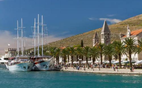 a group of boats docked in a harbor with palm trees at Lux Trogir in Trogir
