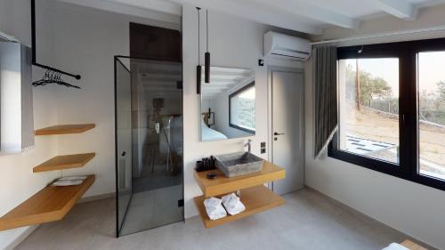 een badkamer met een douche en een glazen deur bij DAELIA Villas in Plomarion