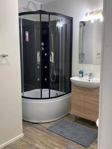 a bathroom with a shower and a sink at Captain's House - Kaptenimaja - Apartments in Kärdla