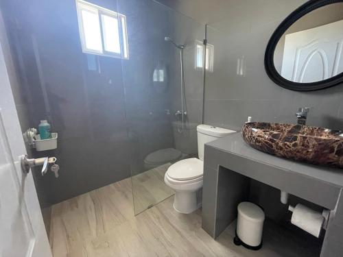 a bathroom with a sink and a toilet and a mirror at Apartamentos La Torre in Río San Juan