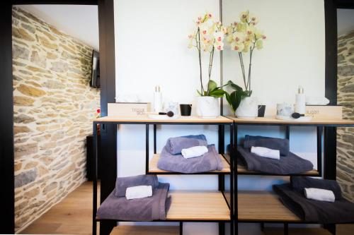 a shelf with purple towels and flowers in a room at Au Calme de Hosdent in Braives
