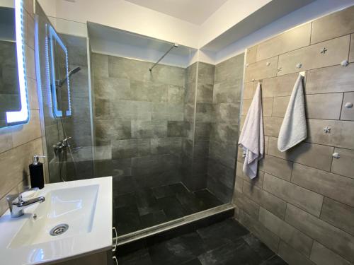 un bagno con lavandino e doccia di Green Studio a Mamaia Nord - Năvodari