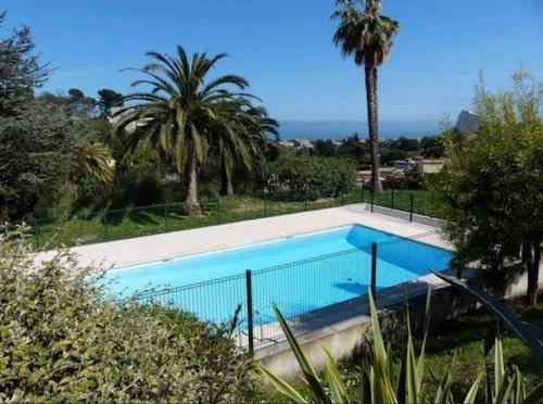 - une grande piscine dans une cour bordée de palmiers dans l'établissement Appartement 2 pièces en rez de jardin avec parking et piscine, à Villeneuve-Loubet