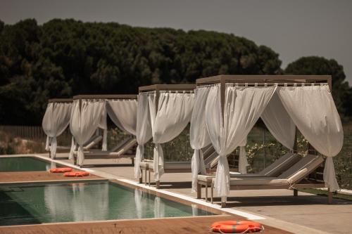 a row of lounge chairs next to a swimming pool at Salt Boutique Hotel in Palouki