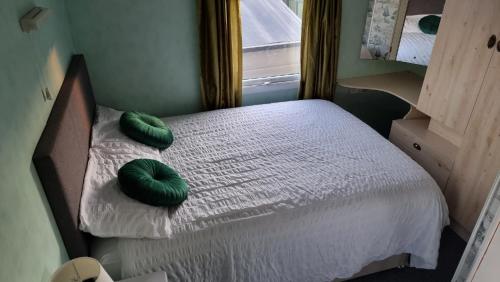 1 cama pequeña con 2 almohadas verdes en Castaway Retreats 3 E65 en Lincolnshire