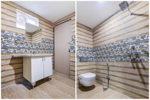 two pictures of a bathroom with wooden walls and a toilet at Hotel Yugantar & Banquets in Allahābād