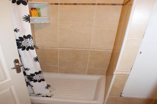 La salle de bains est pourvue d'une douche avec rideau de douche. dans l'établissement Amiraute Apartment J9, à Saint Cyprien Plage