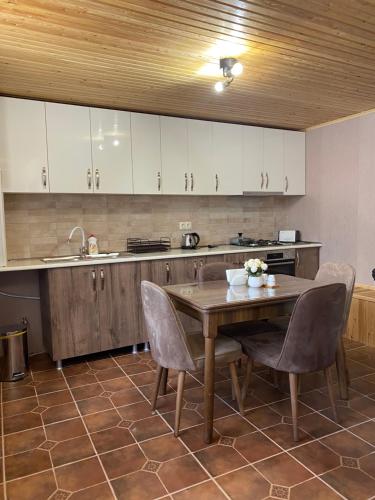 a kitchen with a wooden table and chairs at Apartments Gio-Nika in Stepantsminda