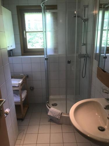 een badkamer met een douche en een wastafel bij Ferienwohnung Morgentau am Rande der Wildnis in Sibratsgfäll