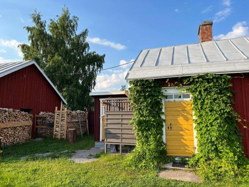a shed with a yellow door next to a red barn at Abbis lillstuga in Norra Vallgrund