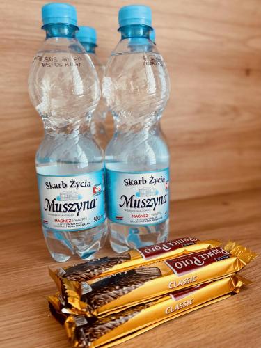 two bottles of mineral water and a packet of chocolates at Green Stone Apartment in Bydgoszcz