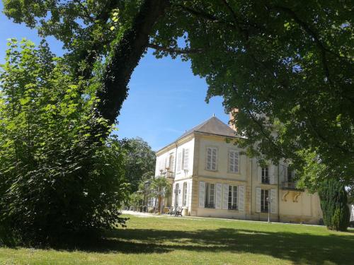 ein großes weißes Gebäude mit Bäumen im Vordergrund in der Unterkunft Château de Courmelois Champagne Guest House in Val de Vesle