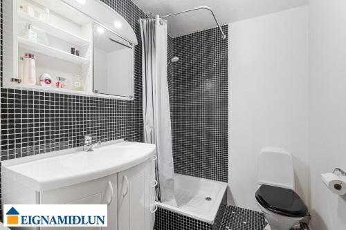 a bathroom with a sink and a toilet and a shower at Large apartment close to the centre in Reykjavík