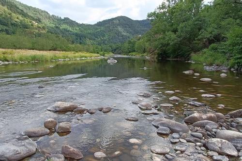 une rivière avec des rochers et des montagnes en arrière-plan dans l'établissement Gite de POUNARD bord de rivière plage privée, 