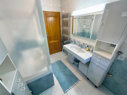 a bathroom with a sink and a shower and a mirror at Apartment Camellia in Ljubuški