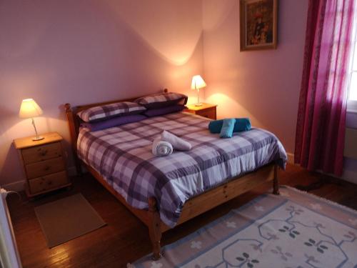 une chambre avec un lit avec deux tables de nuit et deux lampes dans l'établissement Maison de L`Etang, à Troniçais