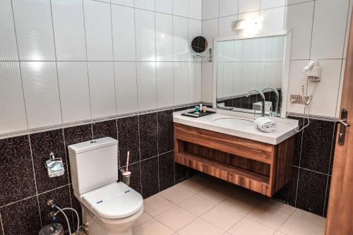 a bathroom with a toilet and a sink and a mirror at Sipan Hotel in Erbil