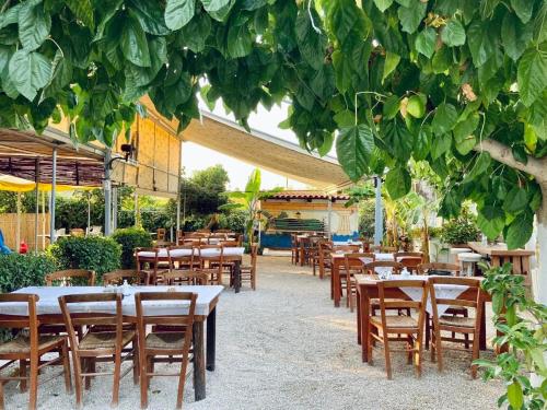 a restaurant with tables and chairs under a tree at XeniCamp & Bungalows in Tolo