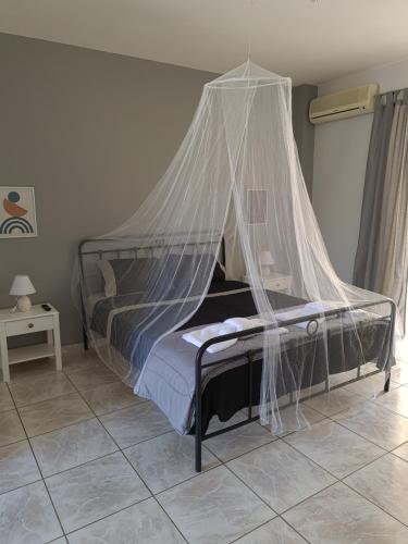 sypialnia z łóżkiem z moskitierą w obiekcie Apartment by the sea in Xilokastro w mieście Xylokastron