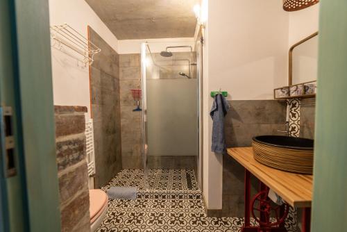 a bathroom with a shower with a sink and a toilet at Apartamenty Lavender Hill in Wisła
